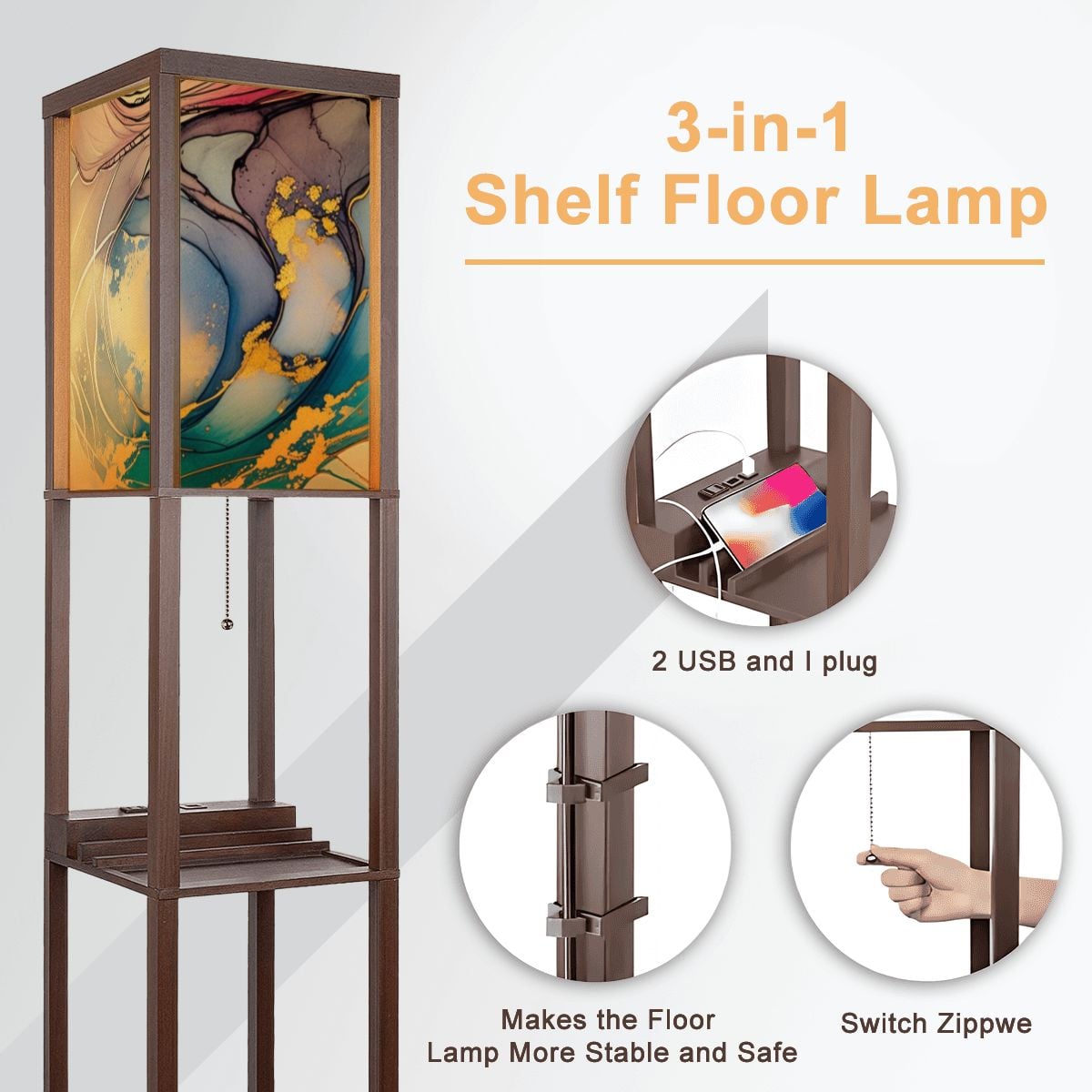 Golden Clouds" – Premium Smart Shelf Floor Lamp | 3-Color LED & USB Charging Station (Made in USA)