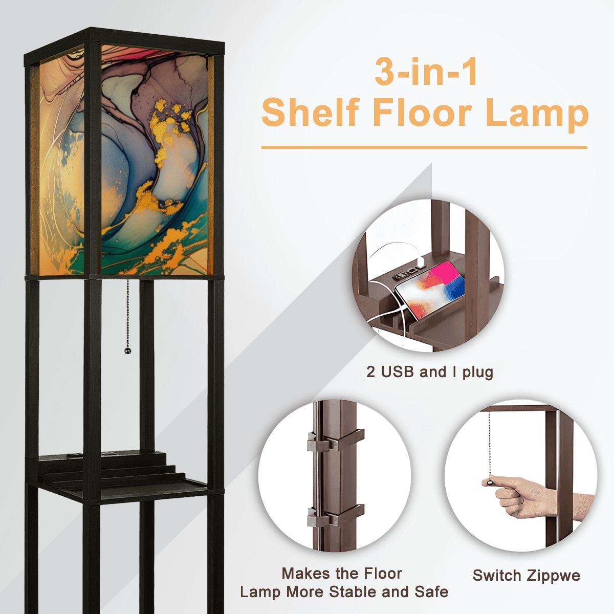 Golden Clouds" – Premium Smart Shelf Floor Lamp | 3-Color LED & USB Charging Station (Made in USA)